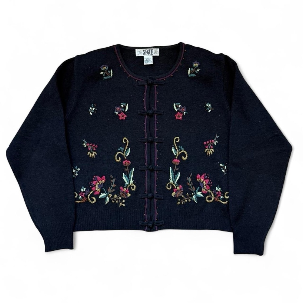 Vintage Segue Embroidered Black Cardigan Women's Large Floral Cottage 90s VTG